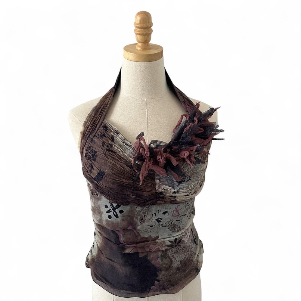 Linea Raffaelli brown halter top with ruffles and floral print. Size: S